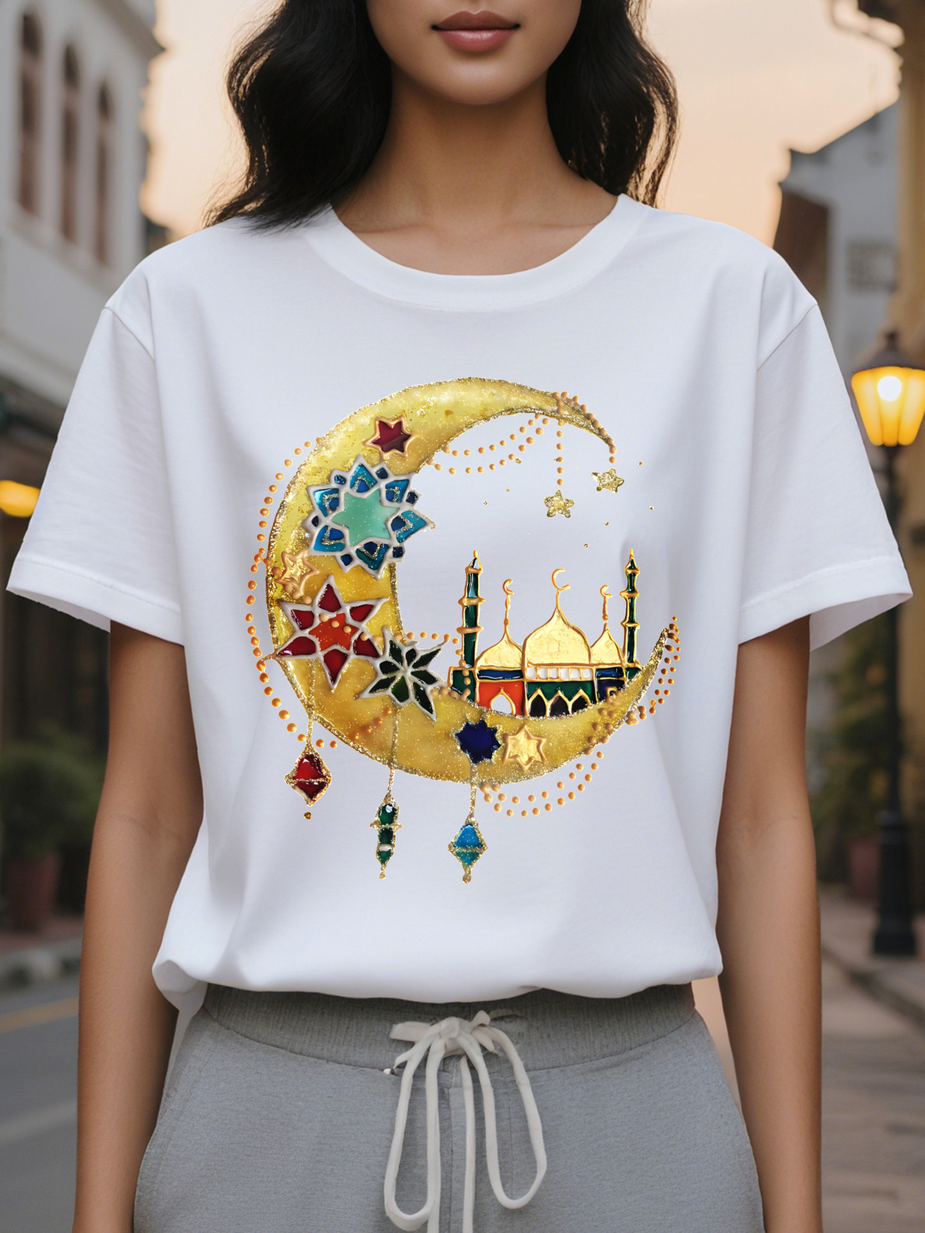 Middle Eastern Desert Ramadan Islamic Print T-Shirt Casual Short Sleeve Round Neck Top Fashion All Season Women's Wear