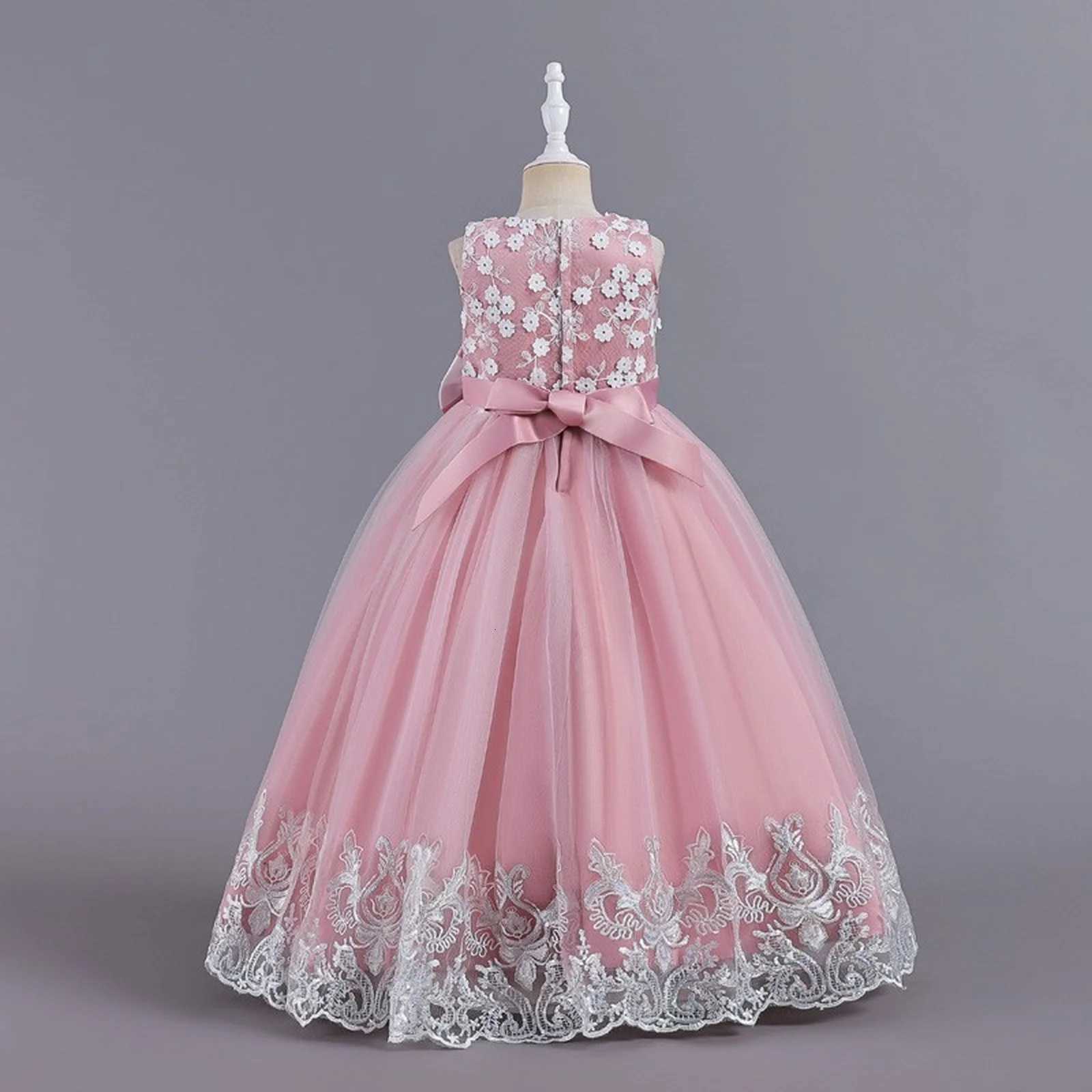 3-12 Years Old Children Dress Embroidered Bow Lace Long Wedding Dress Girl Princess Dress Girls Birthday Party Evening Ball Gown Z250904