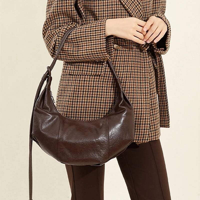 Hifashon Cowhide Genuine Leather Half Moon Shoulder Bags For Women 2025 Designer Crossbody Hobos Crescent Ladies Handbags