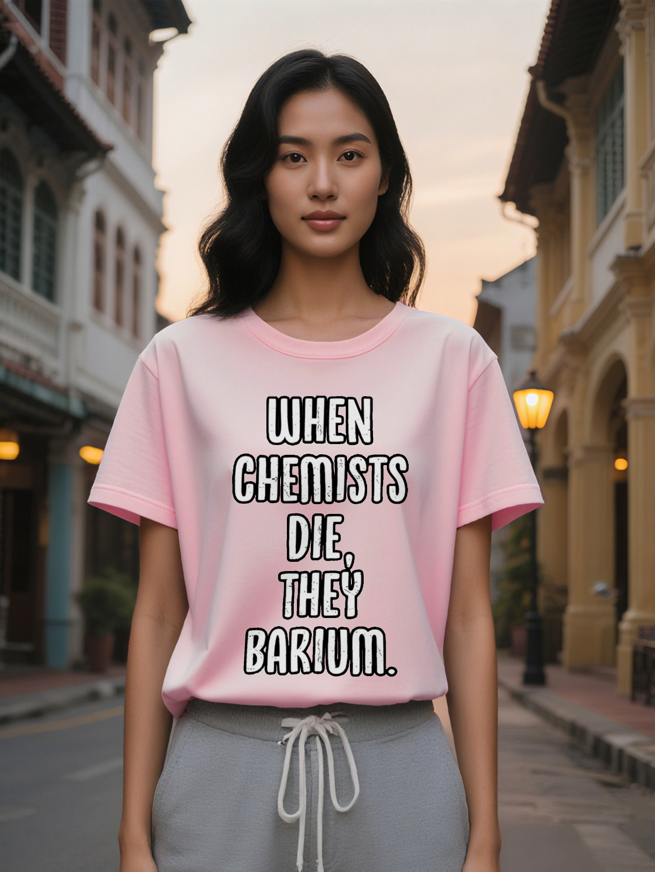 Lady Black Casual Crew Neck T-Shirt with Bold White Letter Print When Chemists Die They Barium Design Summer