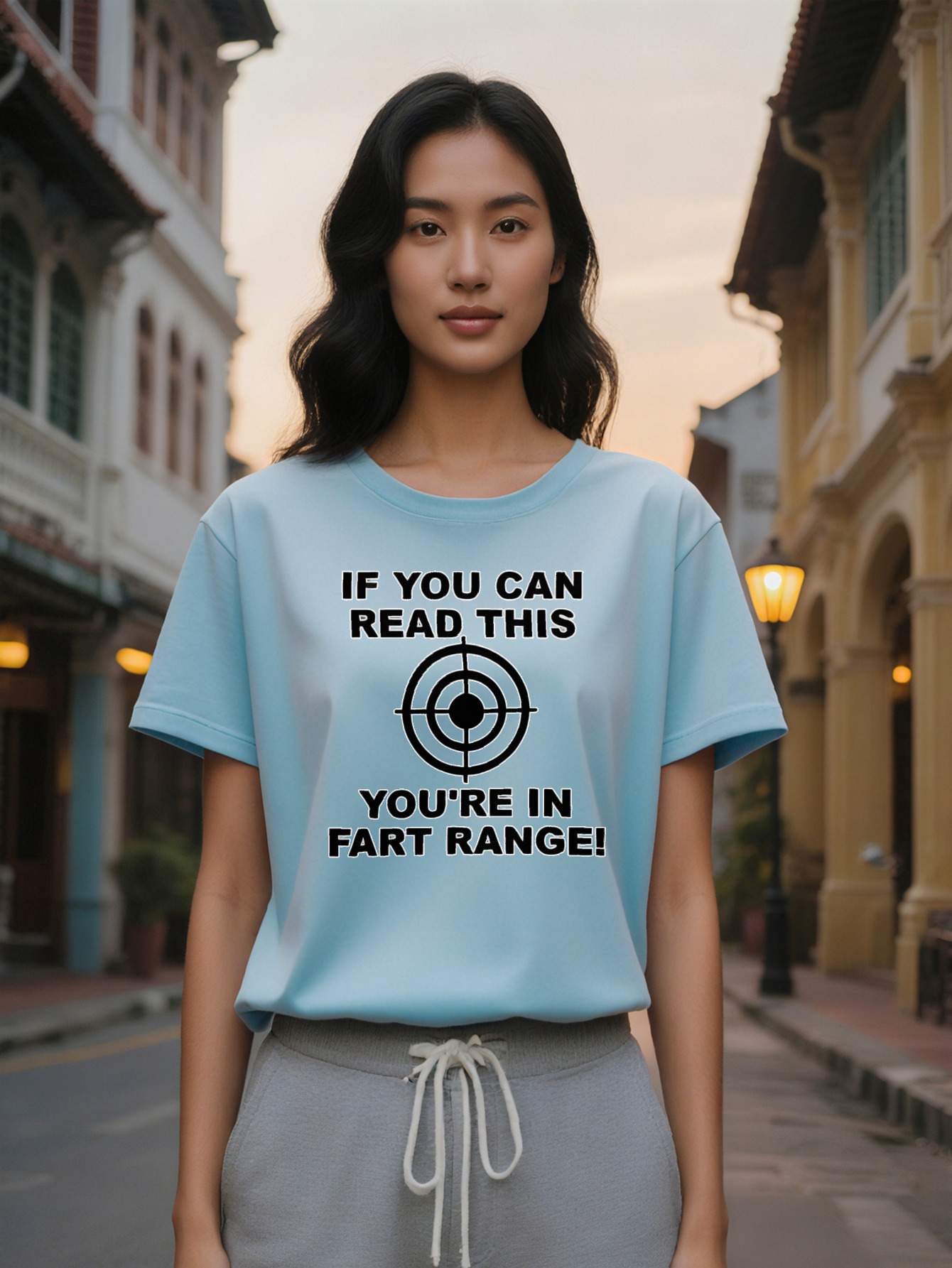 Large XL Lady Graphic T-Shirt with Humorous Fart Range Target Design Black Round Neck Summer Tee Washable Regular Fit Top Plus Size