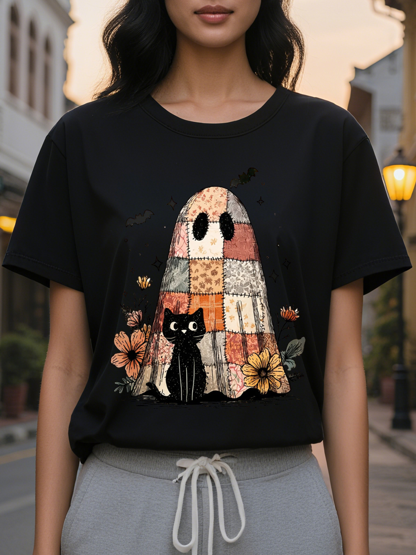 Large XL Women's Halloween Graphic Print Sweatshirt Casual Round Neck Pullover with Spooky Ghosts Bats Black Cat Design Cozy Plus Size