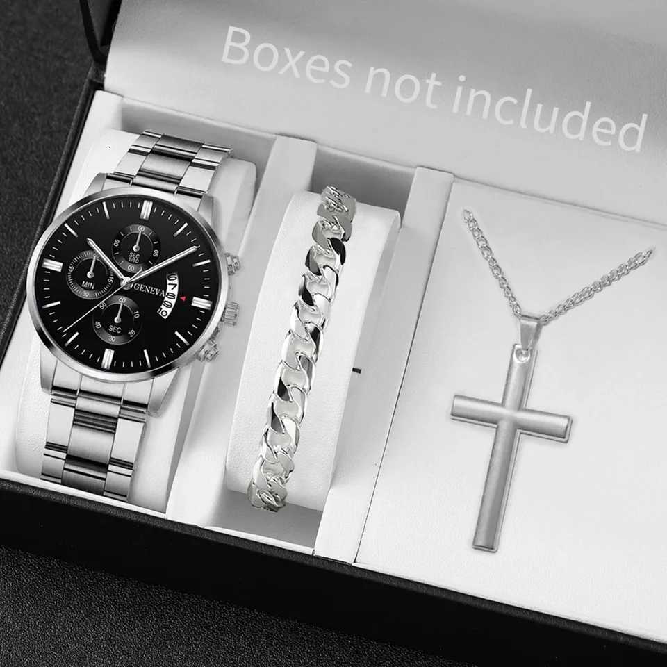 3PCS Mens Watch Set Business Trend Classic Round Dial Quartz Watch Bracelet Necklace Set Perfect Gift for Friends or Dad X250904