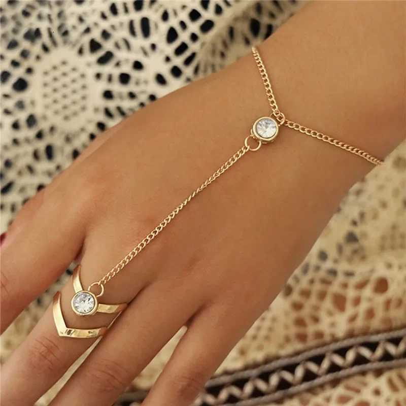 Bohemia Punk Link Chain Ring Connected Bracelets Gold Color Metal Finger Ring Bracelets Hand Harn Fashion Jewelry WomenXJ250904
