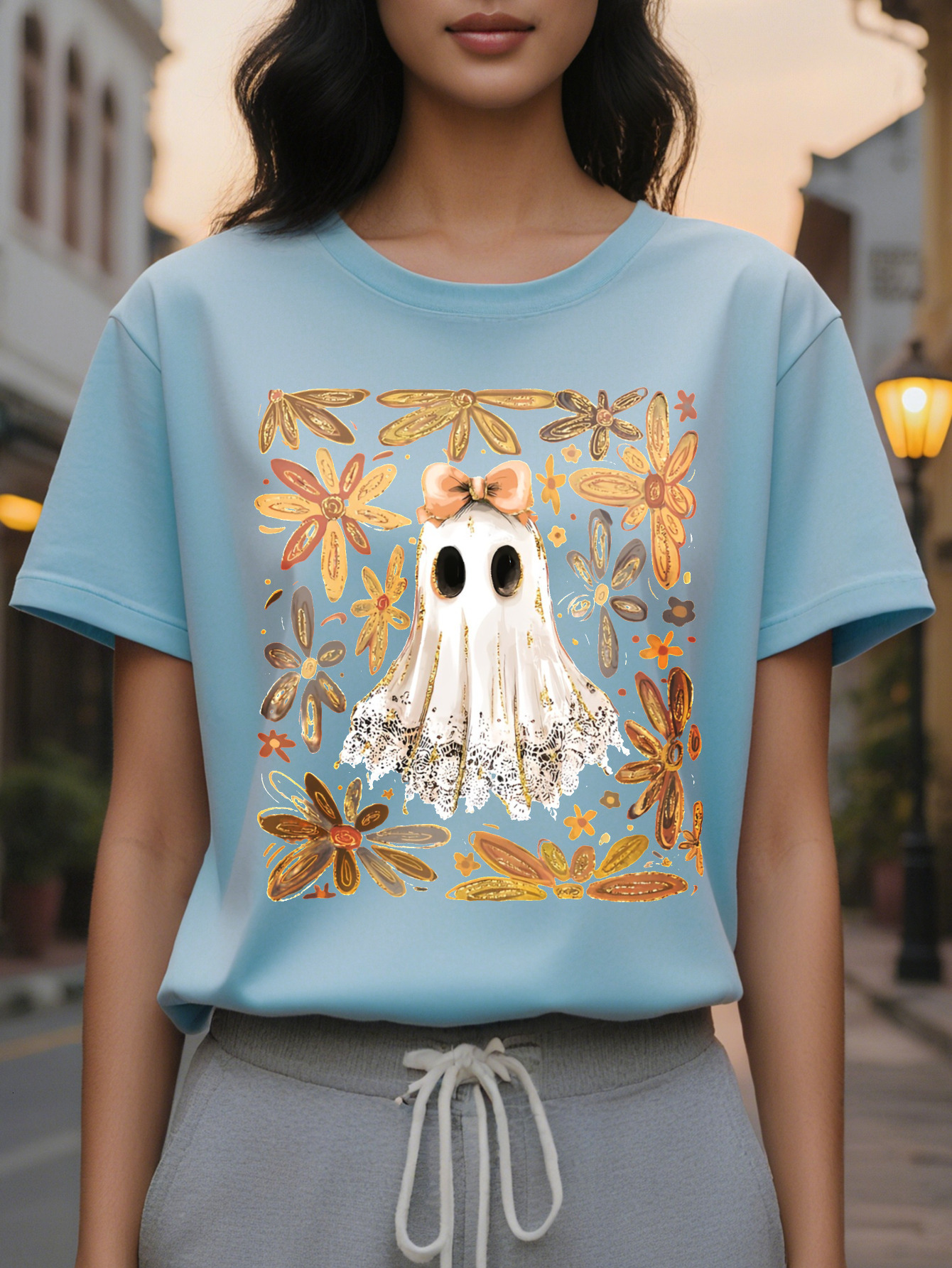 Women S T Shirt Spooky Ghosts Pumpkins Floral Print Black Background with Orange Accents Loose Fit Casual Party