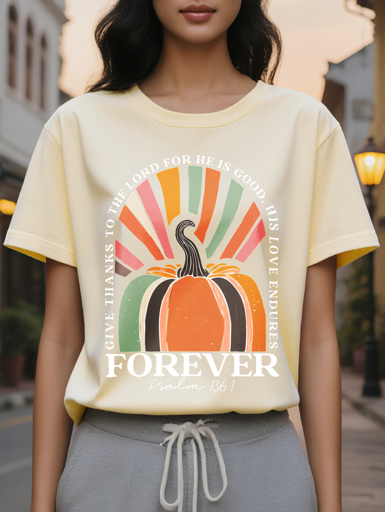 Large XL Women's Halloween Pumpkin Bible Verse to Back Print T-Shirt Inspirational Forever Lettering Soft Round Neck Plus Size