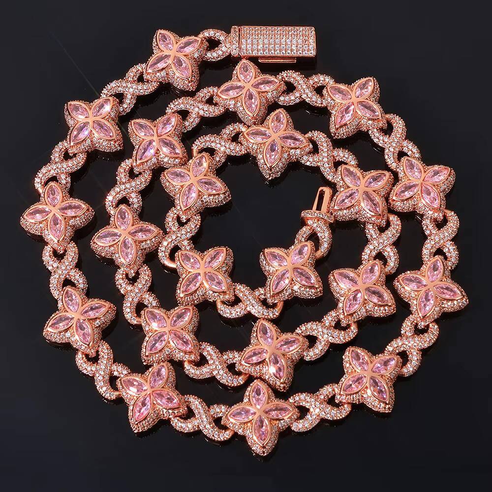 Hip Hop Jewelry 8mm Colorful Ice Diamond Flower Chain Unlimited Symbol Chain Four Leaf Clover Mens and Womens Necklace