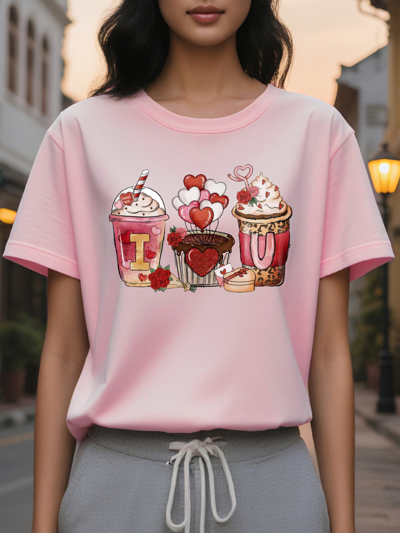 Valentine's Day Coffee Pattern Short Sleeve T-Shirt Women's Round Neck Casual Top Love Letter Printing Medium Stretch