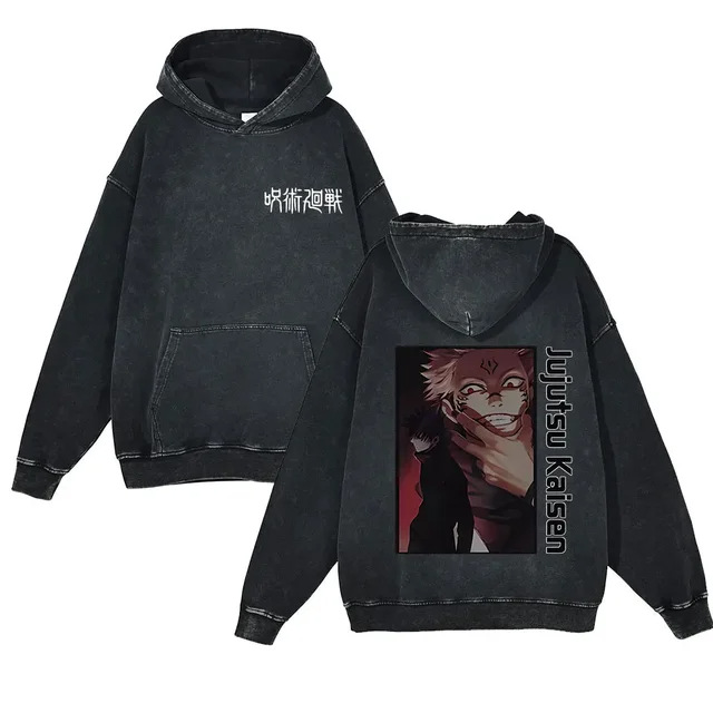 440g Heavyweight Washed Vintage Jujutsu Kaisen Anime Battle Retro Cotton Hoodie Streetwear - VT1673