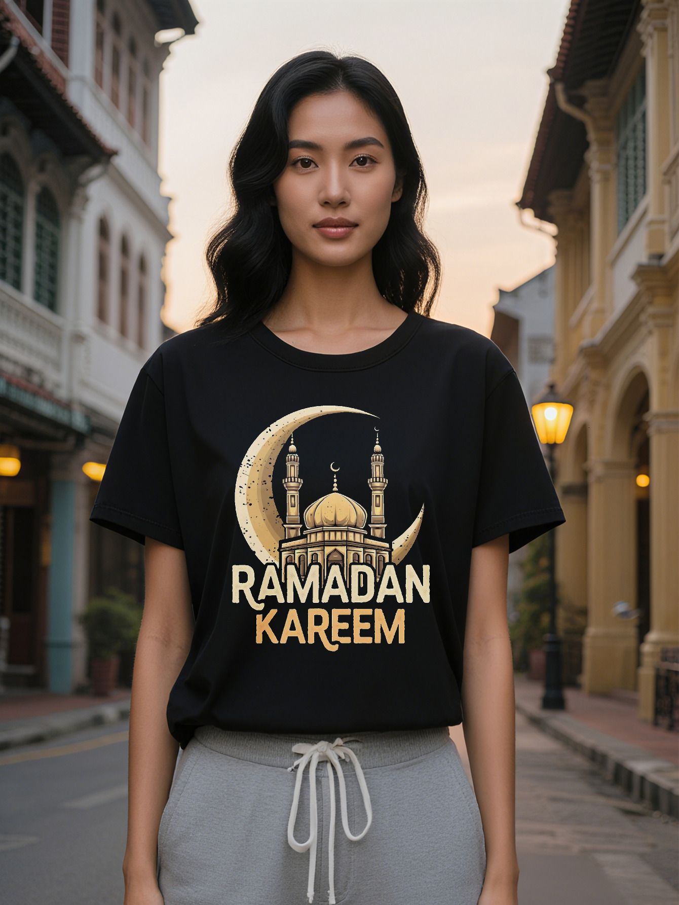 Large XL Lady Casual Crew Neck T-Shirt with Ramadan Kareem Print, Pure Cotton, Washable, Ideal Gift for Plus Size