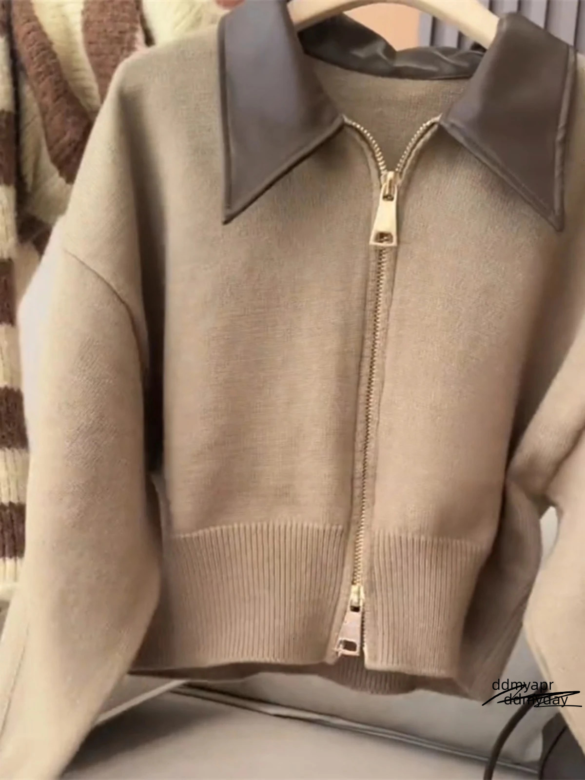 Spliced Leather Collar Knit Sweater Fashion Ddmyday Double Zipper Cardigan Womens Autumnwinter Soft Vintage Long Sleeve Streetwear 241028 Ddmyday Ddmy