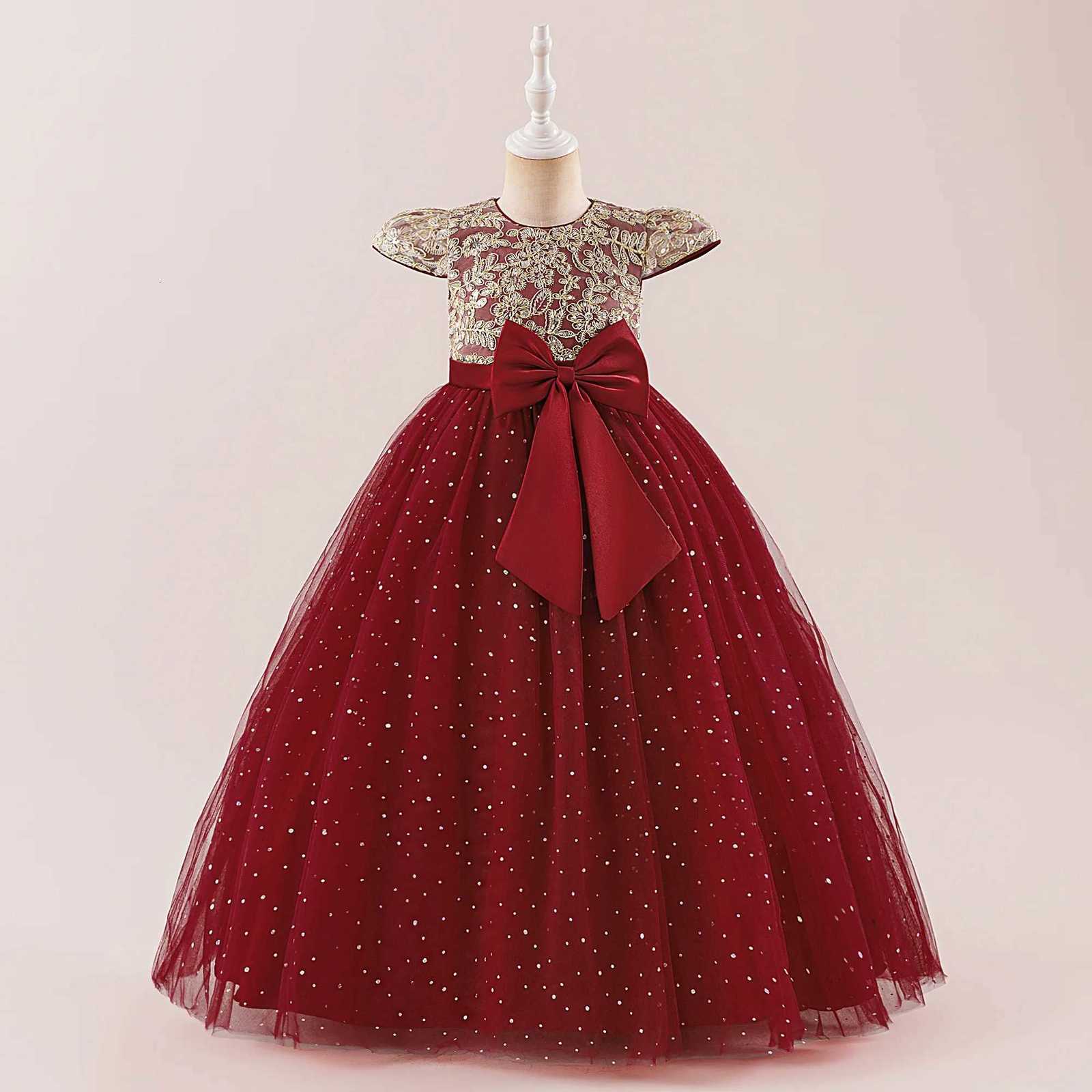 Elegant Bow Bridesmaid Party Girls Dress Sequin Flower Wedding Birthday Princess Dress Girl Tulle Prom Performance Gala Costumes Z250904