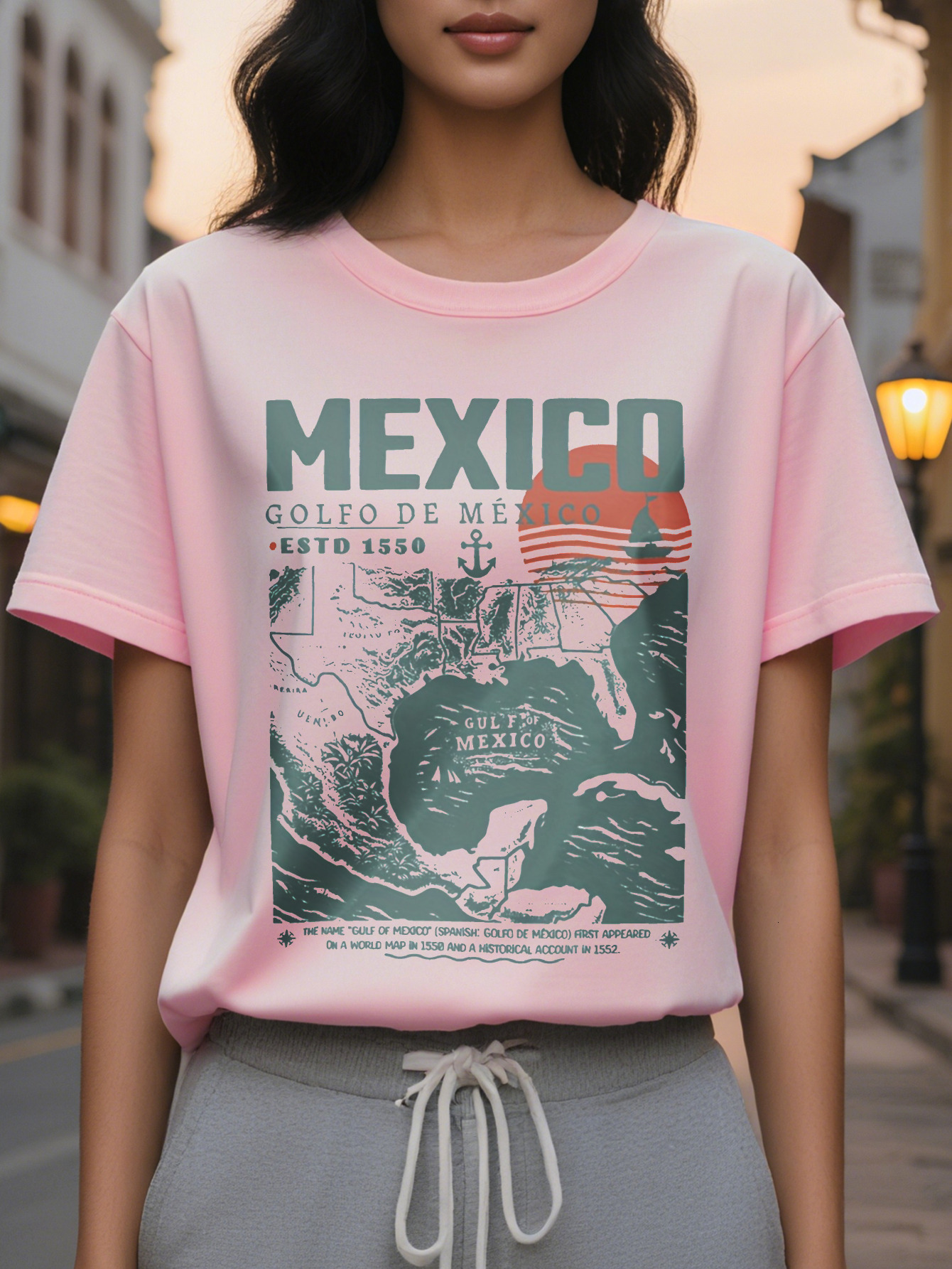 Women's Retro Gulf of Mexico Pattern T-Shirt Patriotic American Nautical Design Coordinates Loose Fit Short