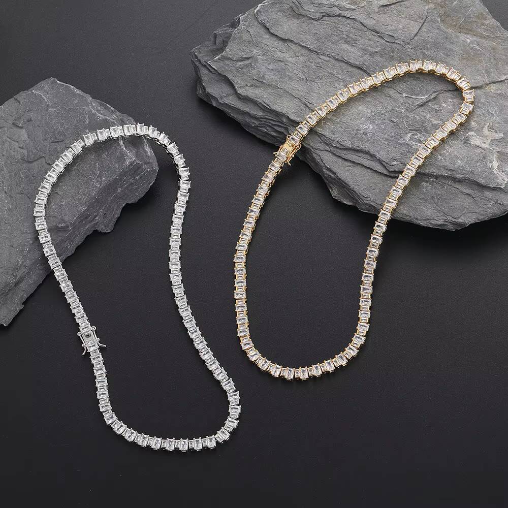 Hip Hop 1 Row Tennis Chain Large and Small Mixed Ladder Square Zirconium Necklaces for Men Jewelry