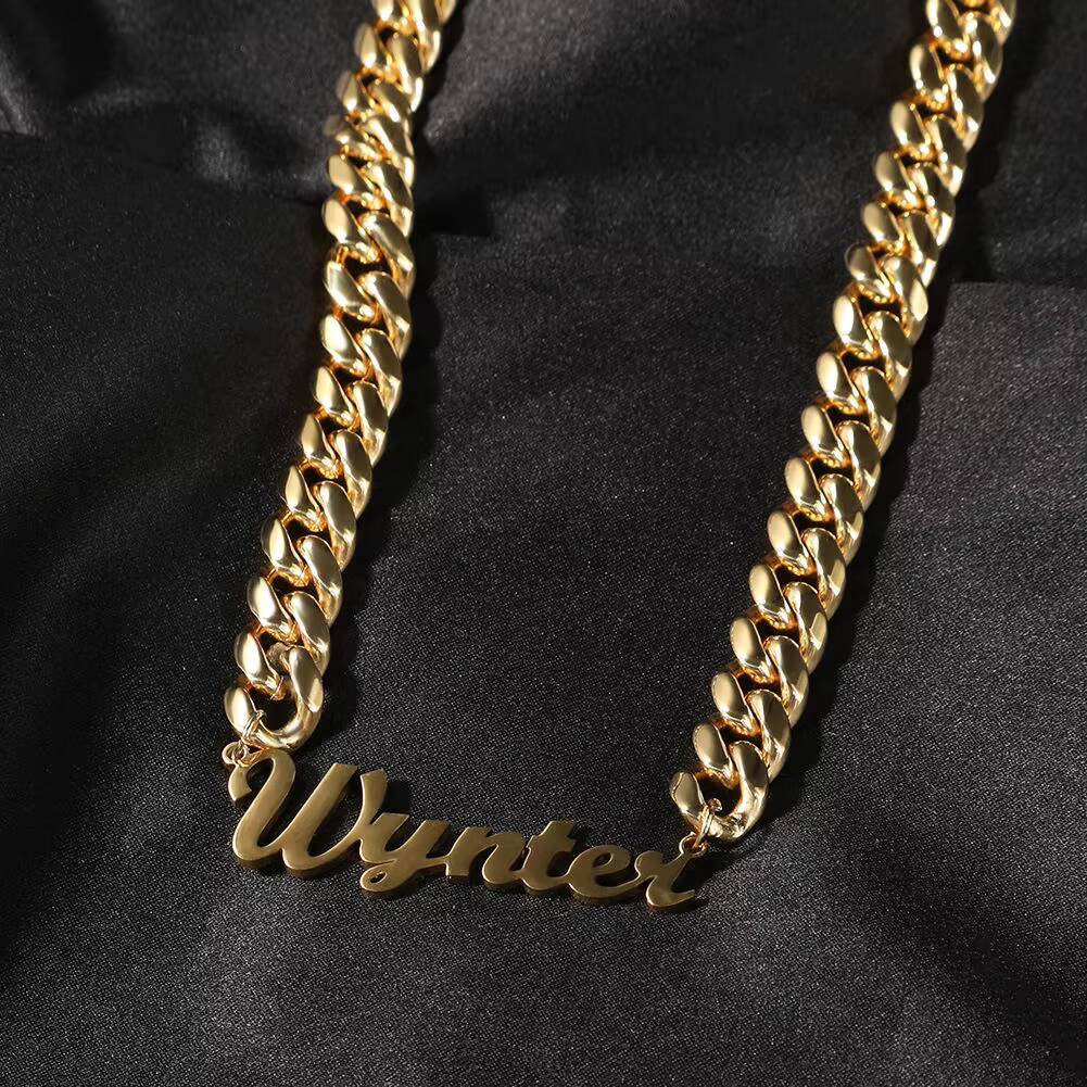 Unisex 18K Gold Plated Stainless Steel Cuban Link Chain Personalized Name Plate Necklace 14mm Trendy Style Simple Design