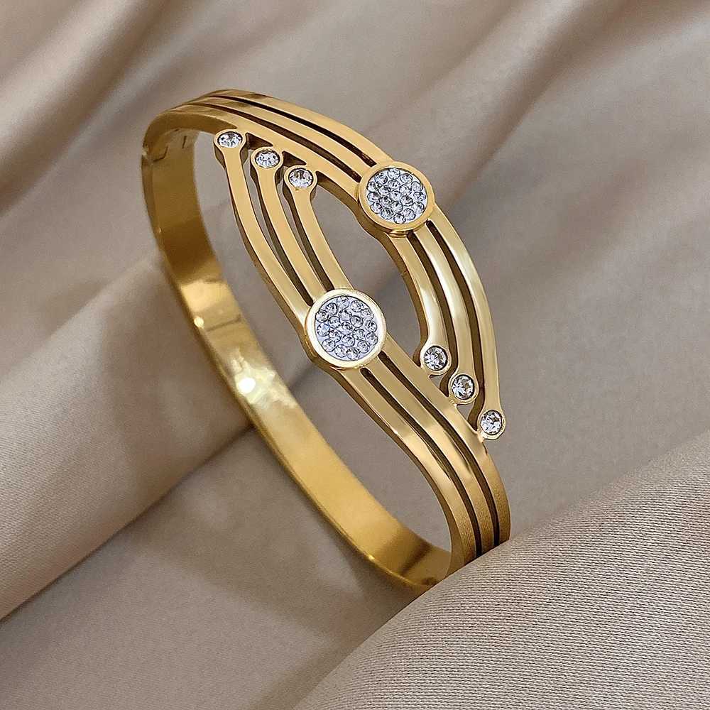 Irregular Geometric Rhinestone Ball Stainless Steel Cuff Bangle Bracelets Fashion Chunky Gold Silver Color Waterproof Jewelry Y250904