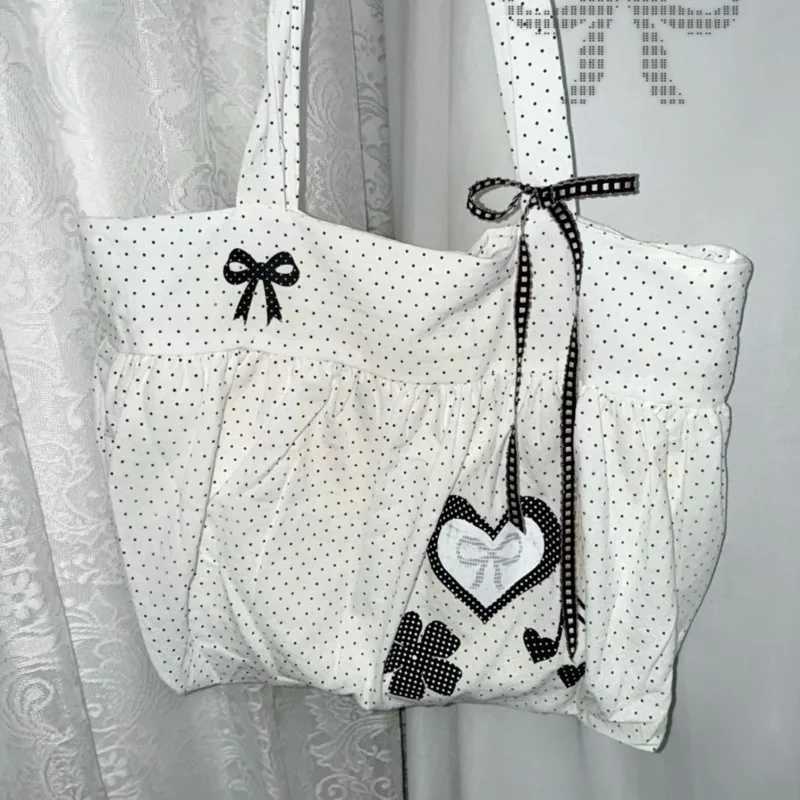 Polka Dot Casual White Tote Bag Bows Heart Korean Style Shoulder Bag Large Capacity Colleage Student Bag Versatile Handbag Women Z250903