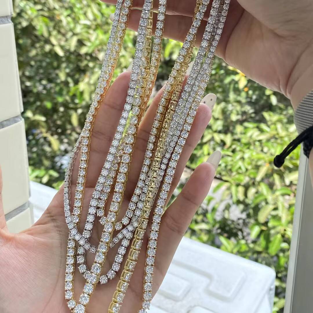 Wholesale D VVS Round 3MM 4MM 5MM 6MM Men Plated White Gold Moissanite Tennis Chain S925 Sterling Silver