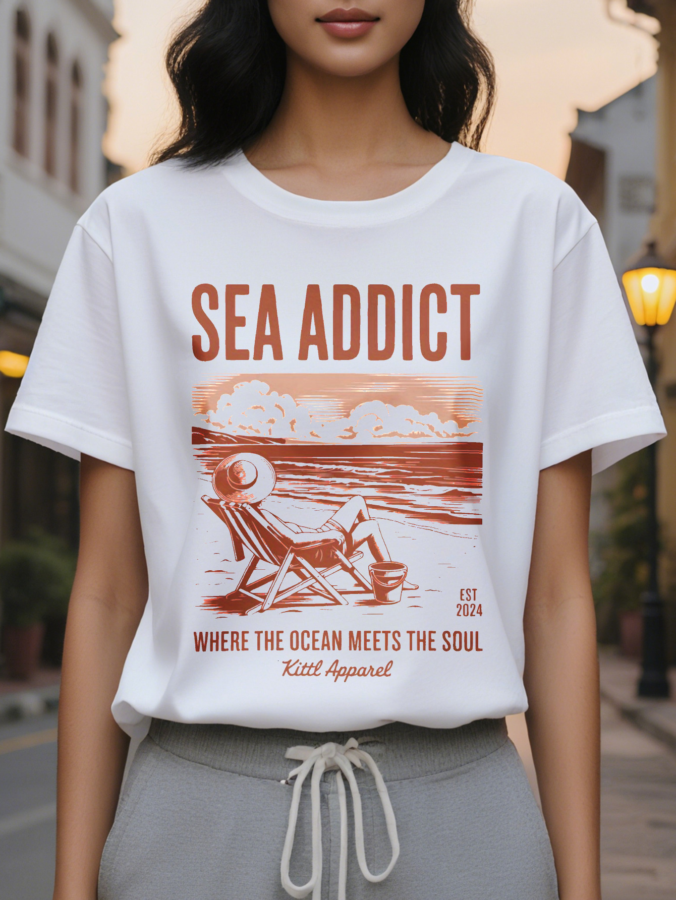 Ladies Elegant Beach T-Shirt White Coastal Pattern Short Sleeve Shirt Sea Addict Ocean Addiction Slogan Summer Vacation