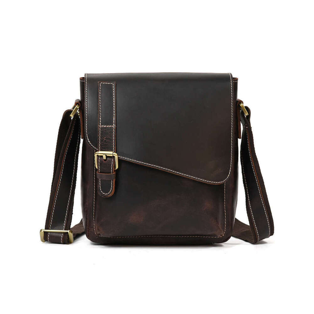 Men's Vintage Genuine Leather iPad Messenger Bag Thick Cow Leather Shoulder Bag Small Casual Crossbody Bag Cowhide Briefcase