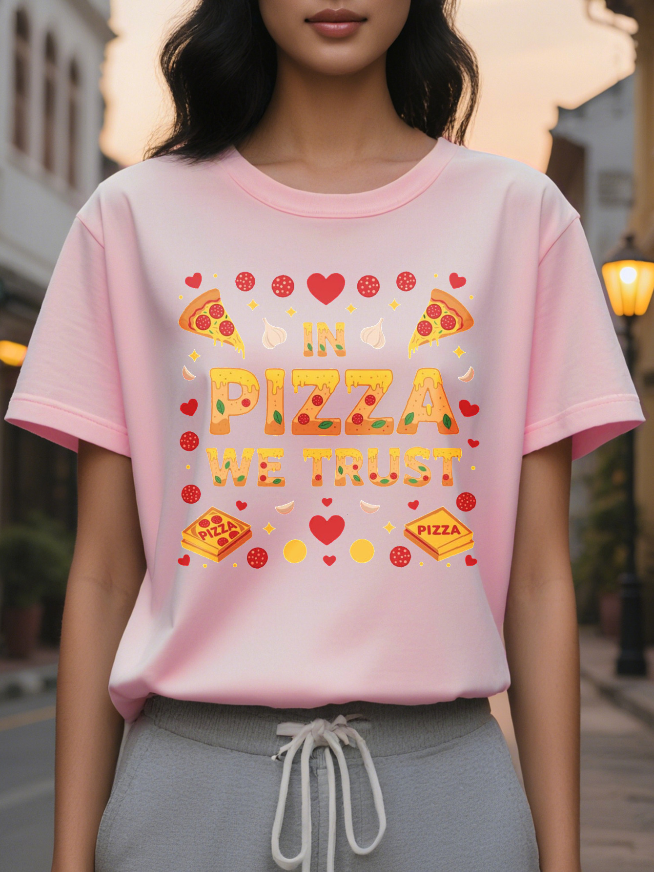 Women's Fun Lover T-Shirt PIZZA WE TRUST Pattern Pepperoni Cheese Design Casual Round Neck Short Sleeve Summer Top