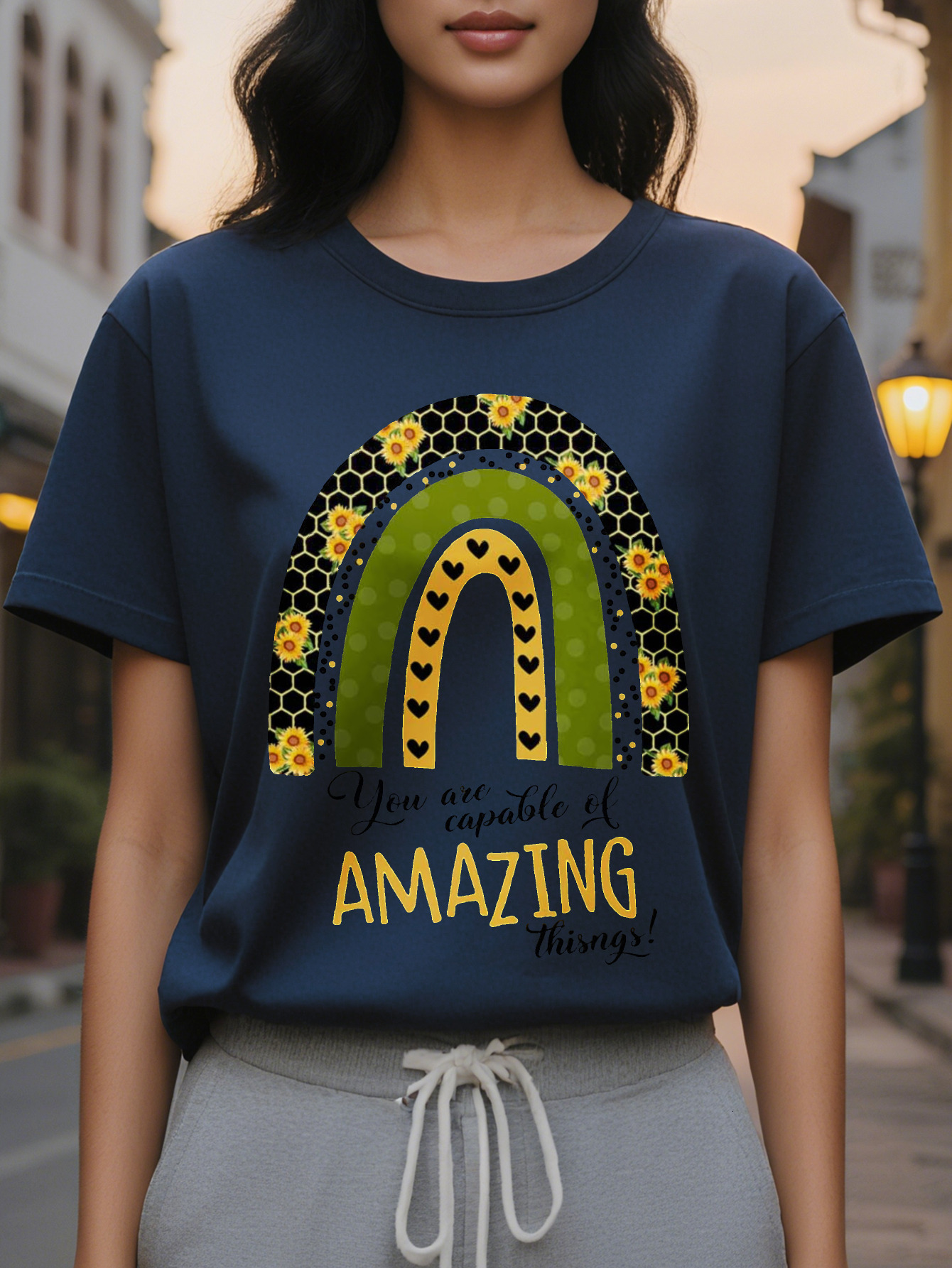 Women's T-shirt with design 'You Have the Ability to Do Amazing Things', featuring a rainbow floral pattern, round neck, and autumn sle