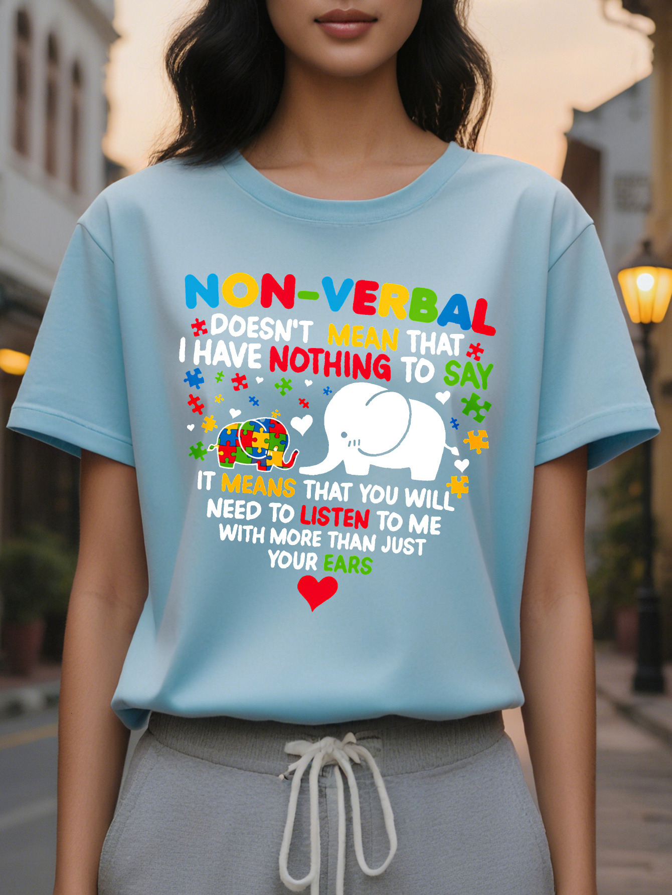 Large XL Casual Geometric Cotton T-Shirt Women's Crew Neck Short Sleeve Top with Nonverbal Autism Puzzle Print Knit Fabric Plus Size