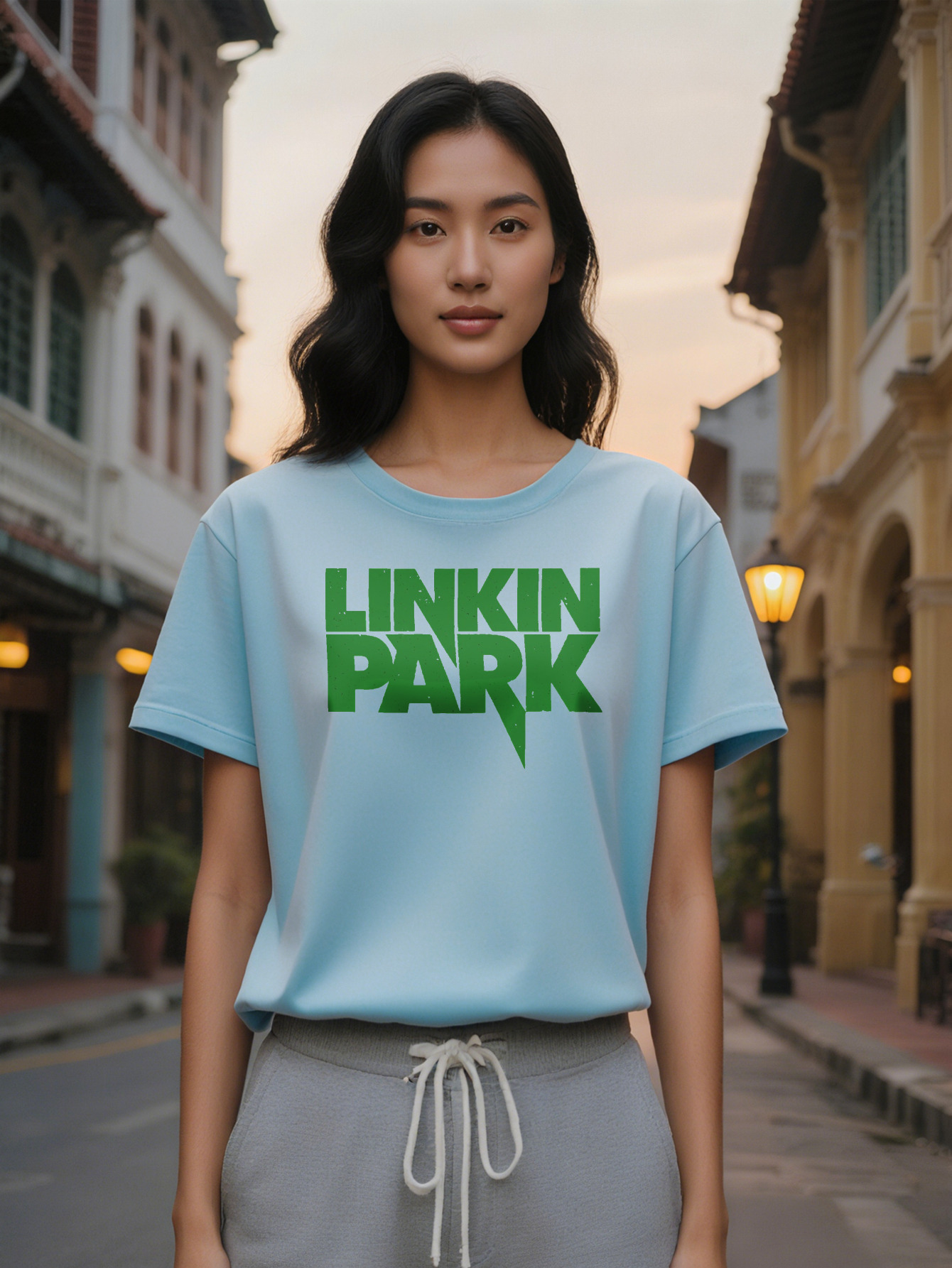 Casual Versatile Crew Neck T-Shirt with Green Rectangular LINKIN PARK Print Black Short Sleeve Top Perfect Gift for