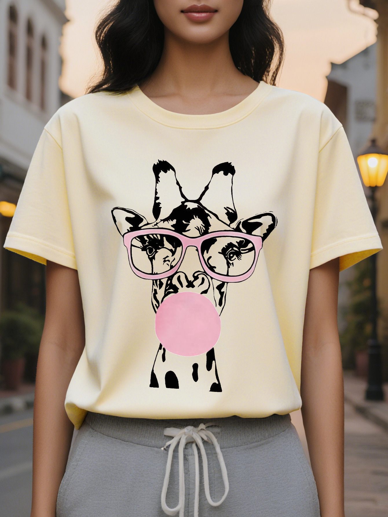 Ladies Cute Pattern Short Sleeve T-Shirt Funny Pink Glasses Bubble Gum Design Breathable Round Neck Casual Jacket