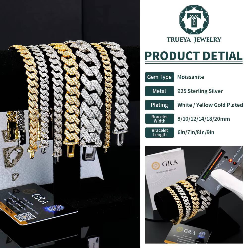 Hip Hop 8mm14mm Bling Iced Moissanite Cuban Link Chain Bracelet Full Moissanite Diamond HipHop Jewelry