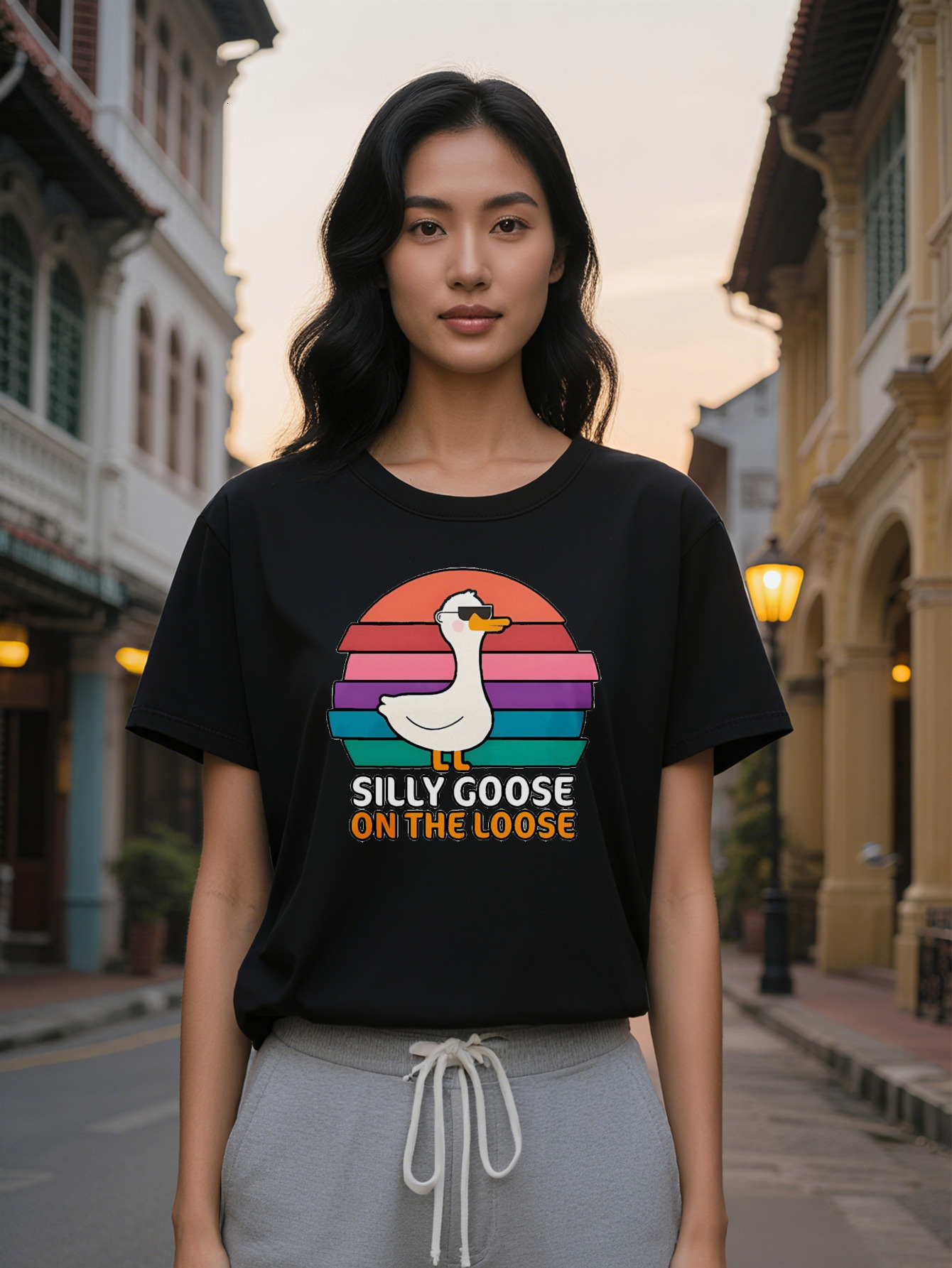 Large XL Women's Casual Crew Neck T-Shirt Silly Goose Print Black with Colorful Stripes Fashion Glasses Design Summer Tee Plus Size