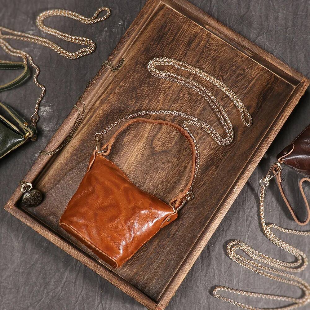 LUOKIR Genuine Leather Women's Chain Crossbody Vintage Handheld Shoulder Headphone Bag Top Layer Cowhide Coin Purse