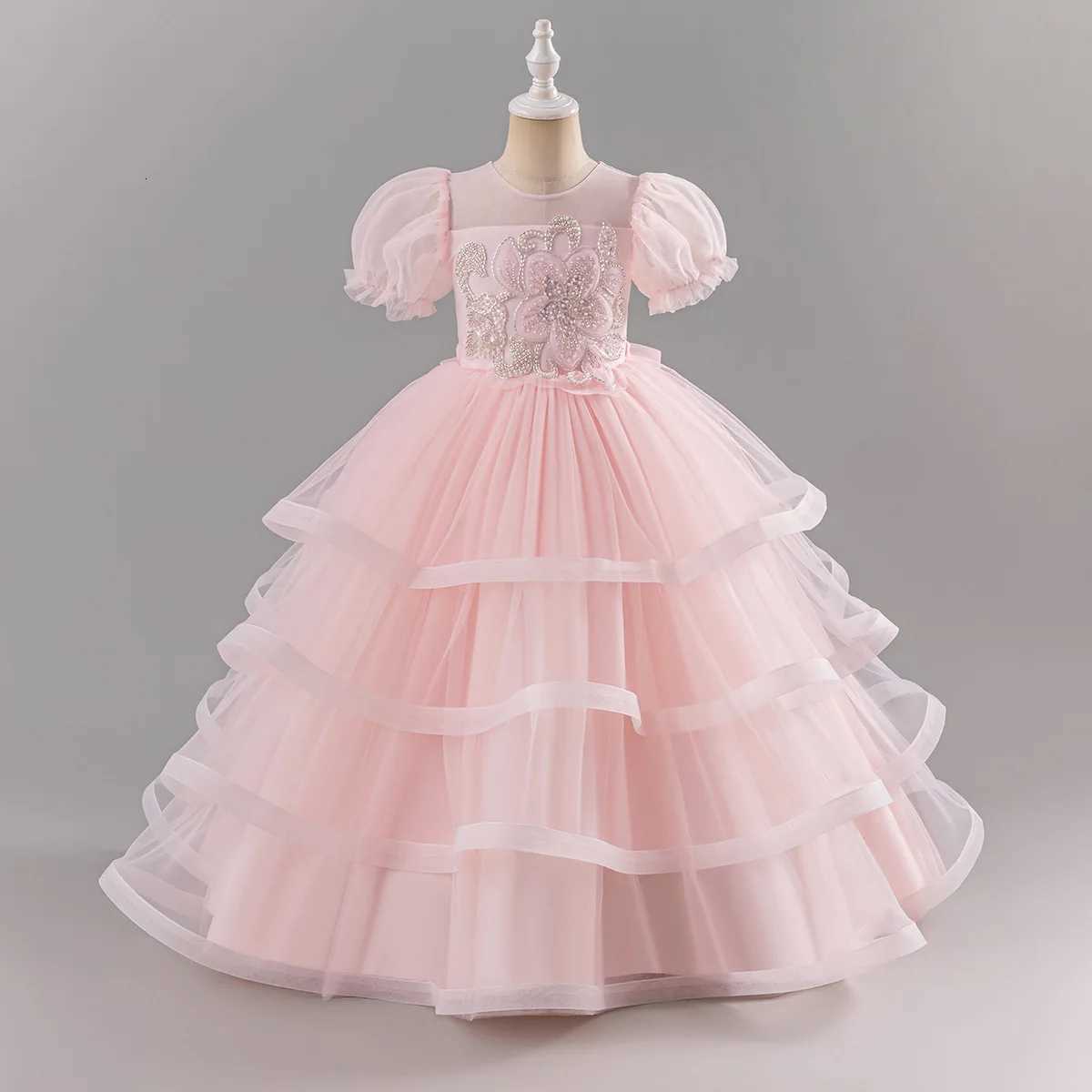 Girls New Pearl Sequin Flower Bubble Sleeve Mesh Long Fluffy Skirt Wedding Flower Girl School Makeup Ball Princess Skirt Z250904