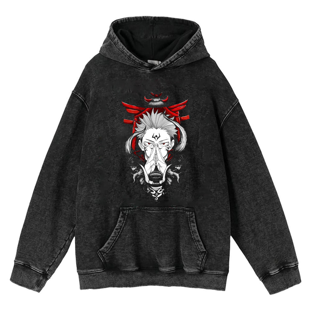 440g Heavyweight Cotton Pre-Washed Distressed Jujutsu Kaisen Satoru Gojo Anime Street Retro Streetwear Hoodie - TT8318