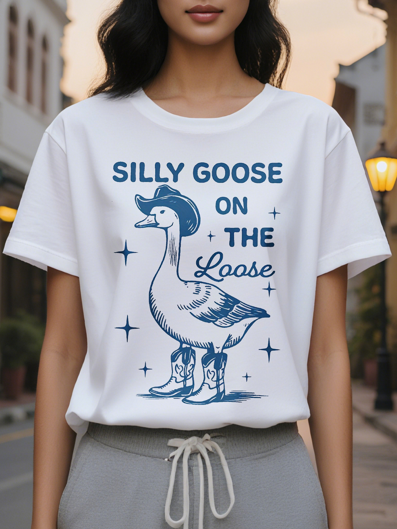 Goose Print Short Sleeve T-shirt Casual Crew Neck Top for Spring Summer Women's Clothing