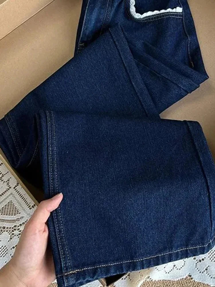 DFCF 2025 Casual Straight Jeans Streetwear Vintage Blue Lace Spliced Jean Y2K Fashion High Waist Loose Wide Leg Pants 250823