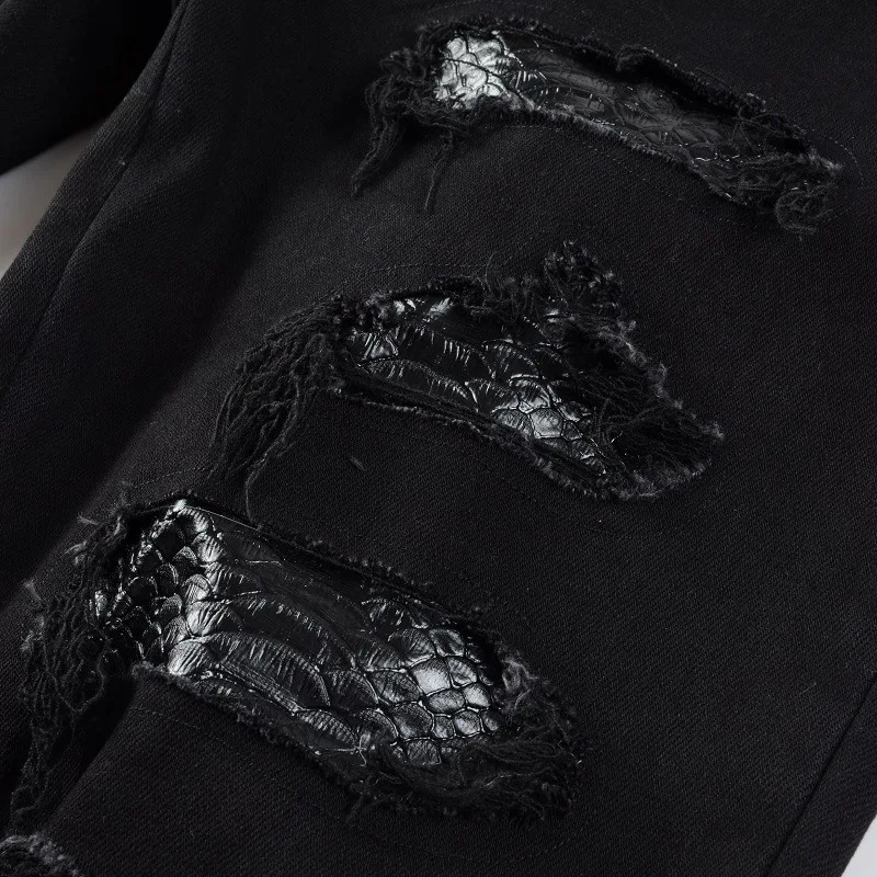 Men Snake Embroidery Jeans Skinny Tapered Stretch Denim Pants Streetwear Holes Ripped Leather Patch Patchwork Trousers Black 250823Z