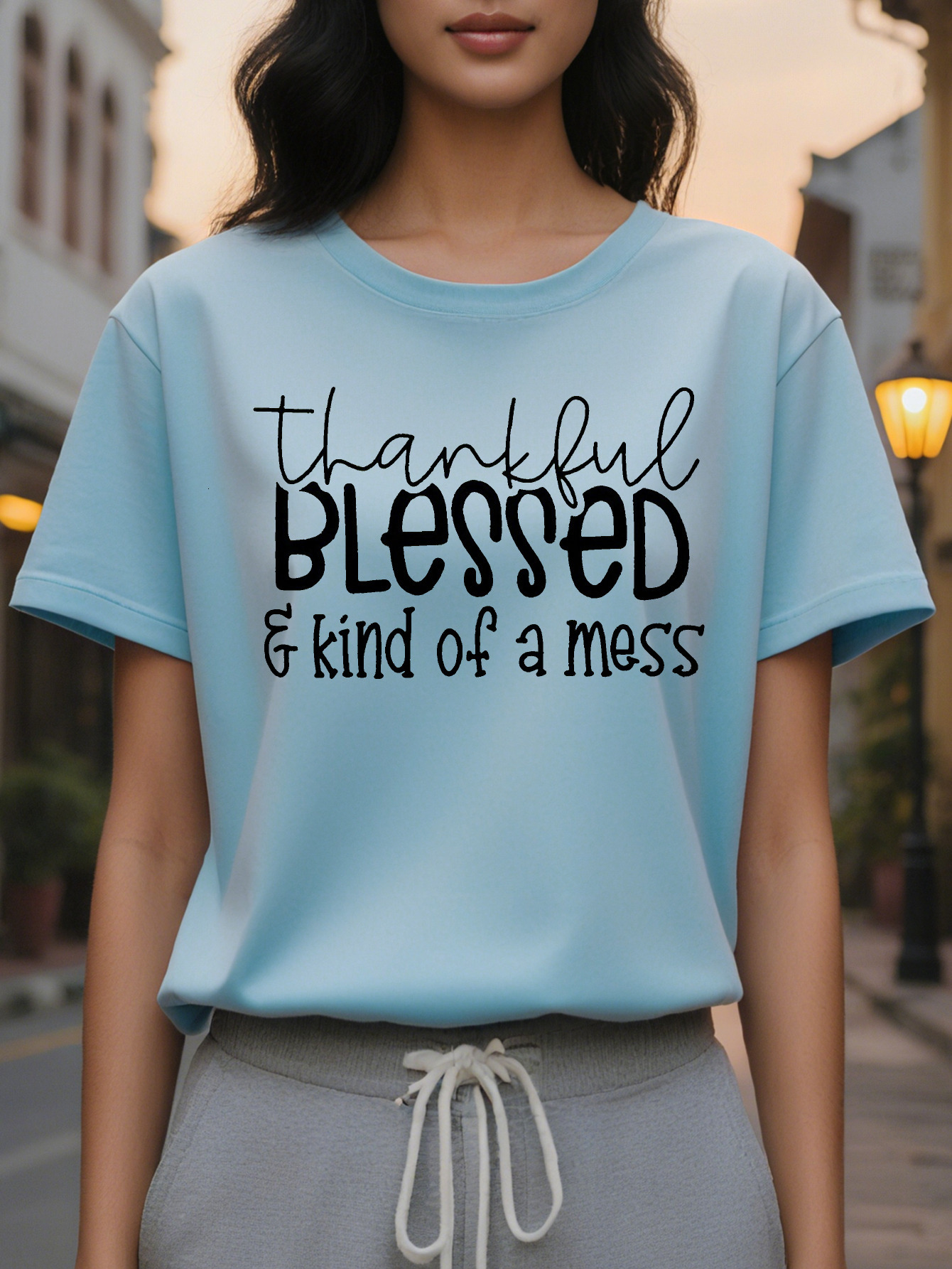 Large XL Blessed Print Crew Neck Casual Short Sleeve T-Shirt for Spring Summer Women's Clothing Plus Size