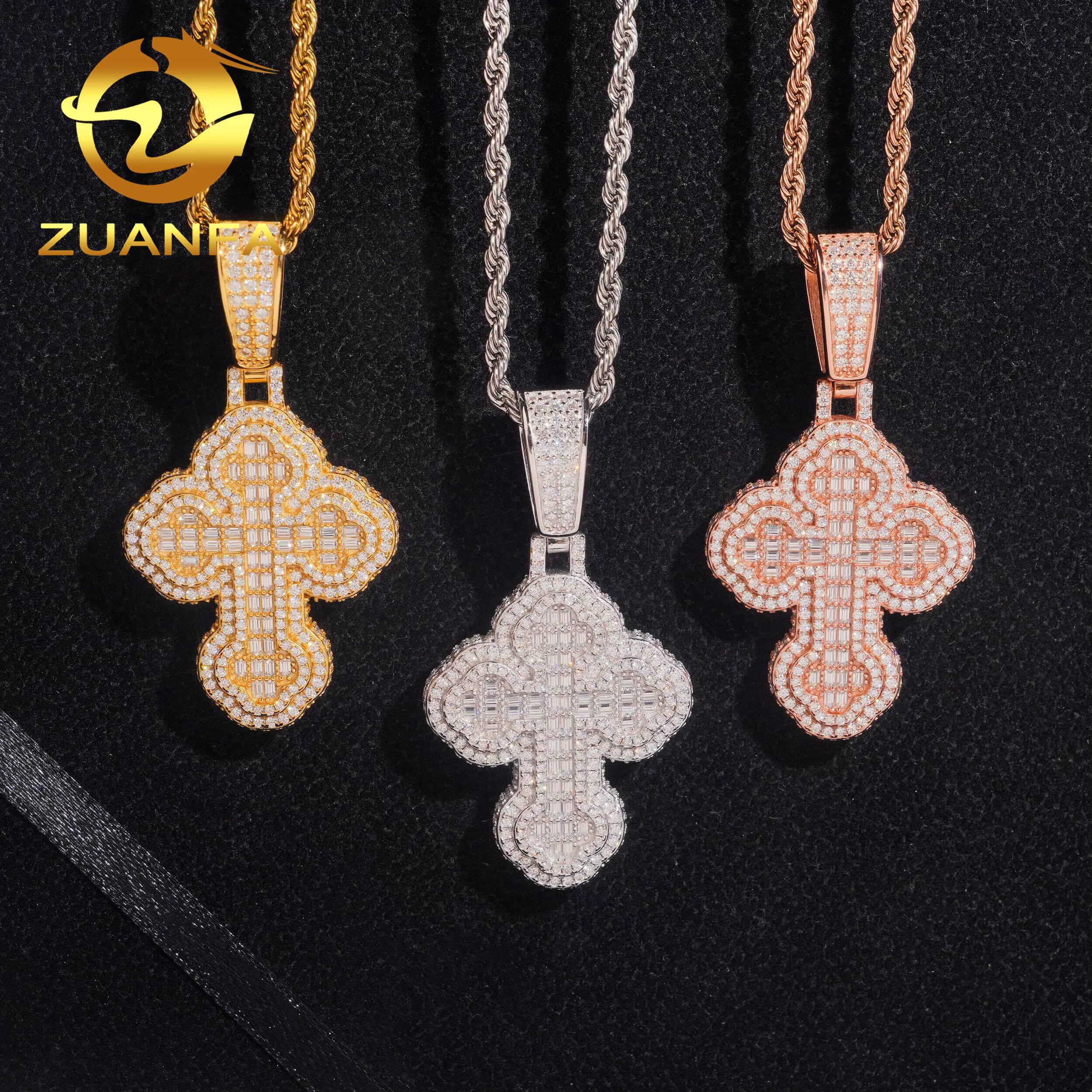Ready Shipping Hip Hop Jewelry Cross Moissanite Pendant Silver 925 Iced Out Moissanite Iced Out Cross Pendant With Rope Chain