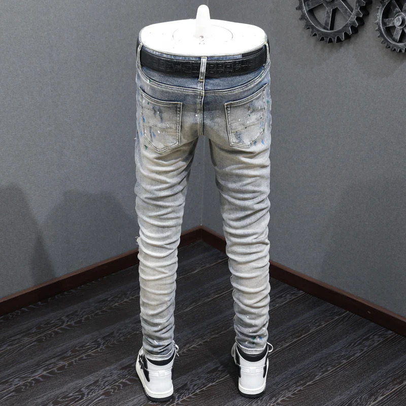 Y2KStreet fashion mens light blue jeans paint washed nostalgic perforated patch hiphop pants hombre 250823Z