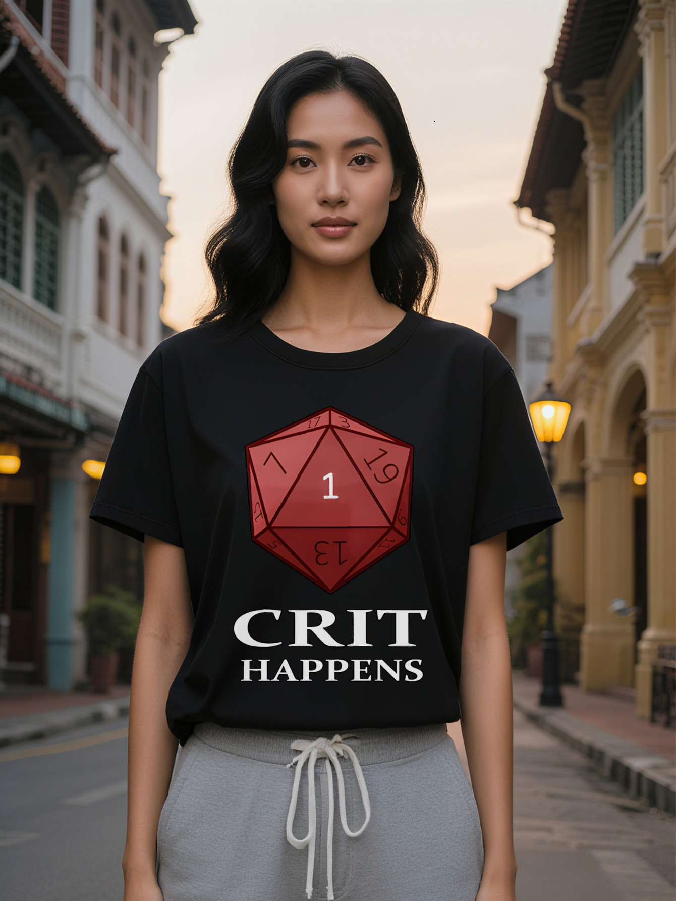 Large XL Lady Crew Neck T-Shirt Sided Die Graphic Crit Happens Design Black with Red Dice Print Perfect for Gamers and Plus Size