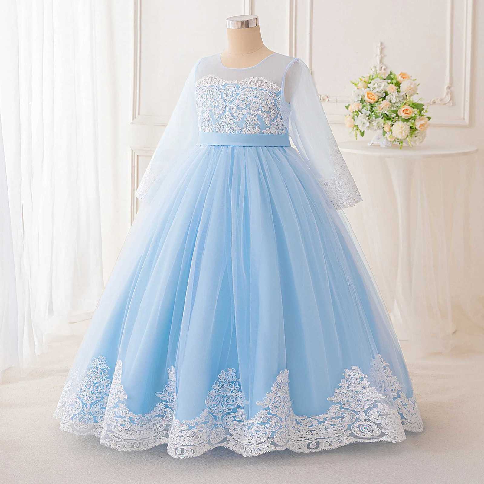 Sky Blue Princess Dress Long Sleeve Lace Embroidery Design High-End Elegant Dress Pastoral Style Girl Dress Z250904