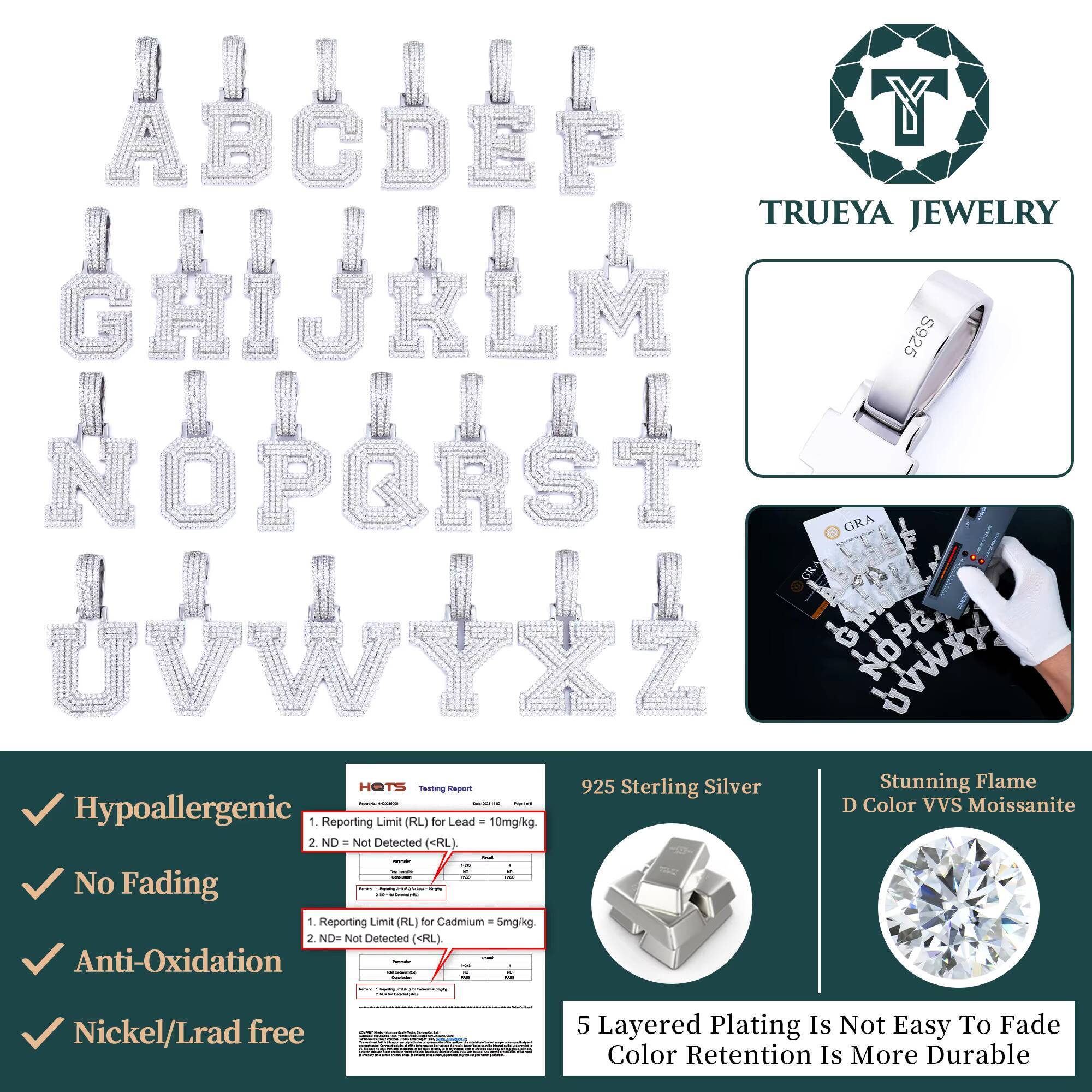 Wholesale Bulk Men Gra Mossanite Diamond Jewelry 925 Sterling Silver AZ Initial Moissanite Iced Out Hip Hop Necklace Pendant