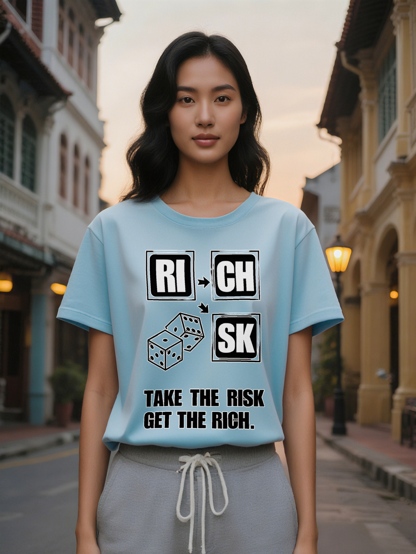 Large XL Lady Casual Crew Neck T Shirt with RI CH Print Take Risk Get The Rich Design Dice Illustration Perfect for Plus Size