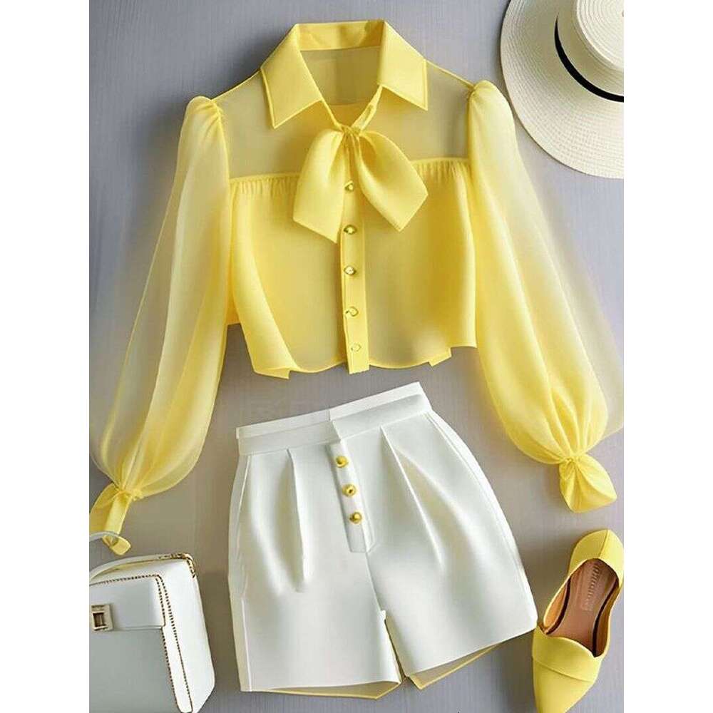 Women's Clothing Is Matched With A Complete Of Street Fashion And Age Reducing Chiffon Yellow Polo Collar Shirt Casual Pants Set