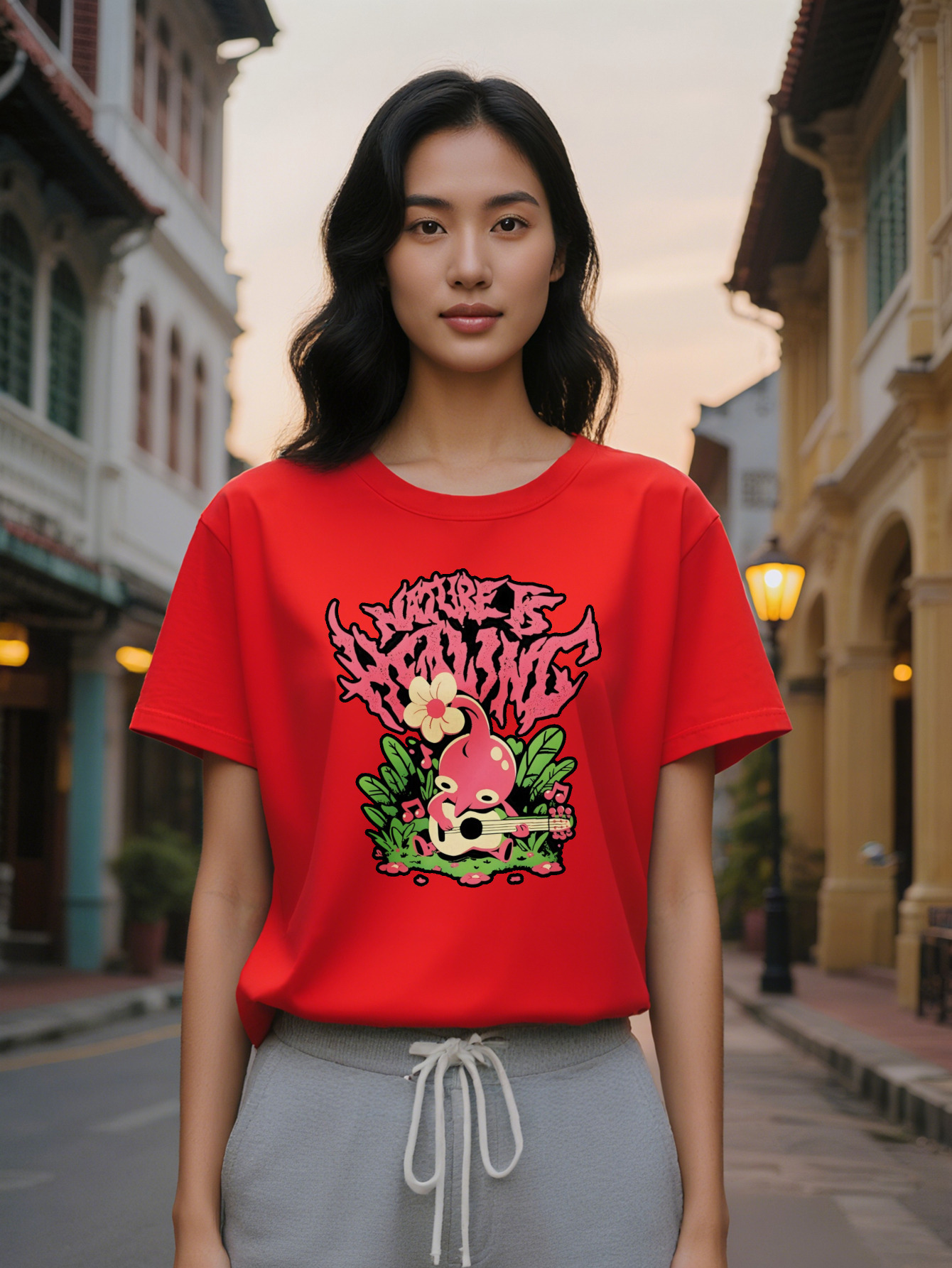 Large XL Lady Graphic Tee Neck Short Sleeve Black Gothic Inspired Design with Pink Green Artwork Perfect for or Attire Plus Size