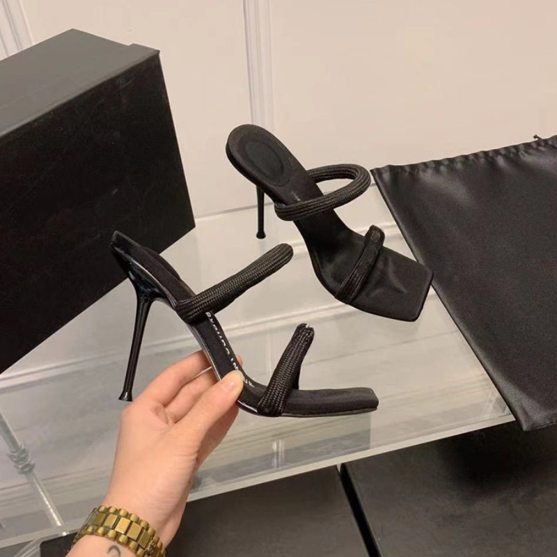 Women's Brand Sandals Square Toes Ribbon Black High Heels Sandal Designer Shoes