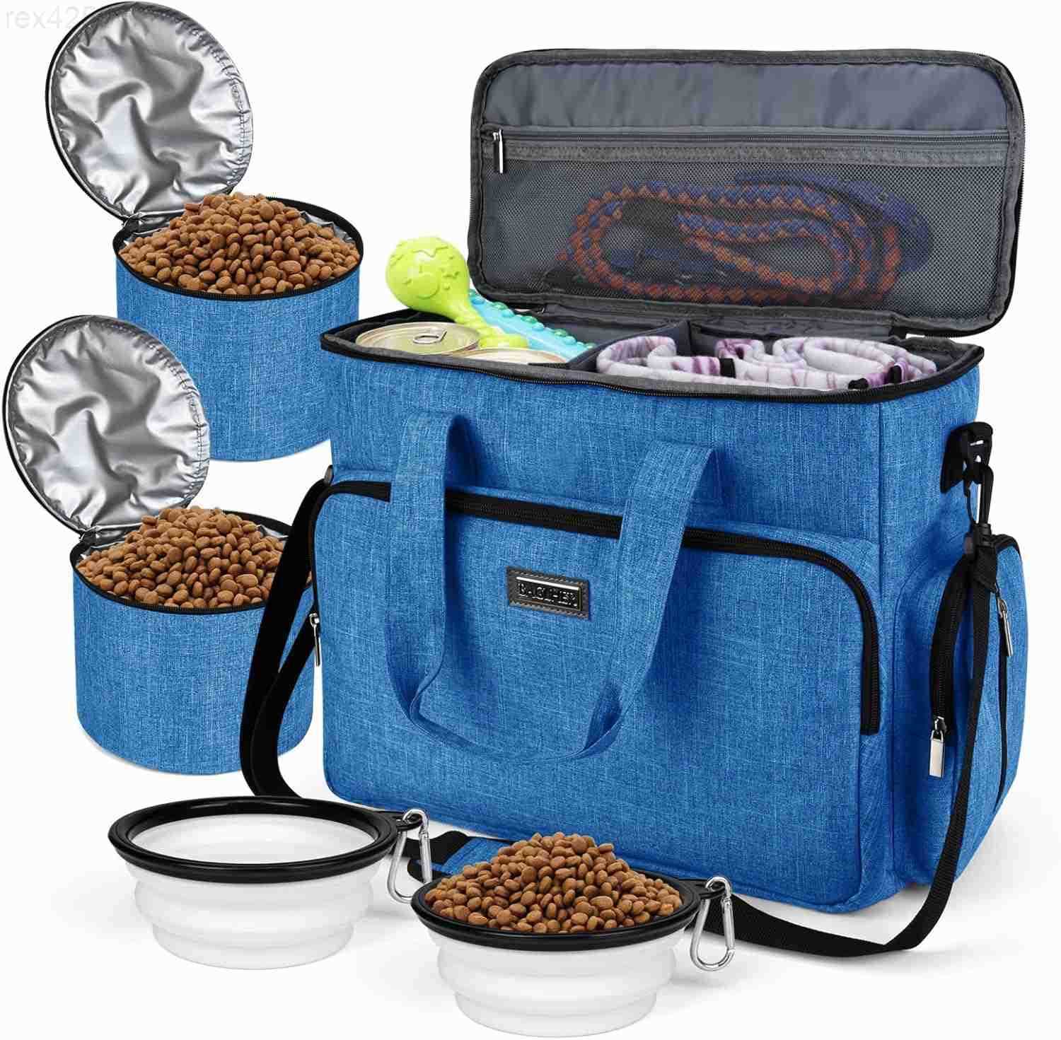 Dog Travel Bag Pet Travel Bag ALL Pet Travel Supplies With 2 Pet Food Containers and 2 Collapsible Silicone Bowls Essential Kits for Pet Travel GreyW2