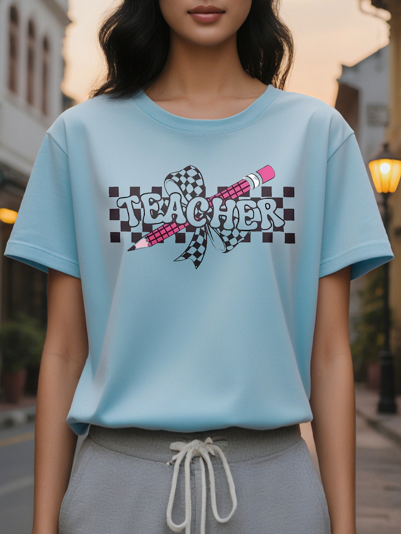 Women's Elegant Teacher Graphic Short Sleeve T-Shirt Soft Stretch Round Neck Casual Top Check Pencil Design Breathable