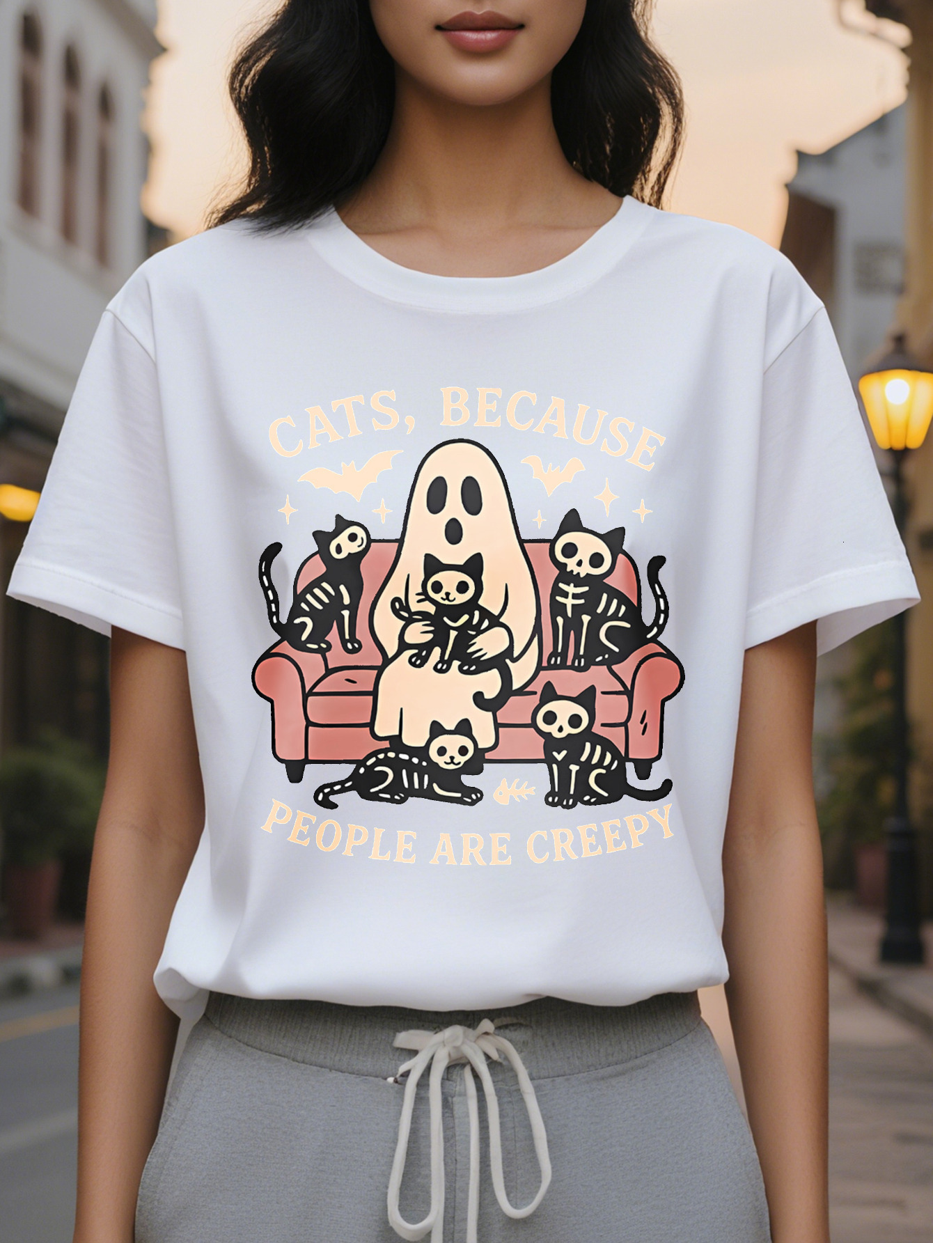 Women's Gothic Printed Sleeve T-shirt Funny Slogan Keep Cats Because Humans Are Too Scary Gray with Pink Black